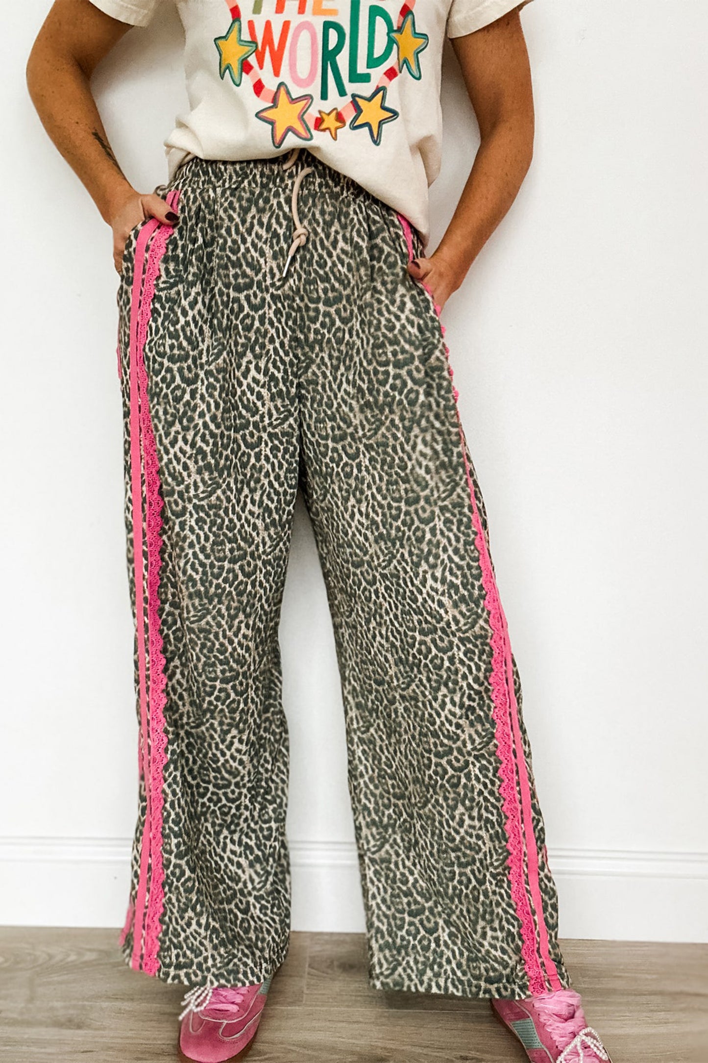 Brown Wild Leopard Print Contrast Lace Striped Detail Drawstring Pants - :PREORDER