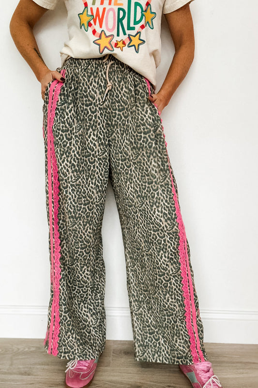 Brown Wild Leopard Print Contrast Lace Striped Detail Drawstring Pants - :PREORDER