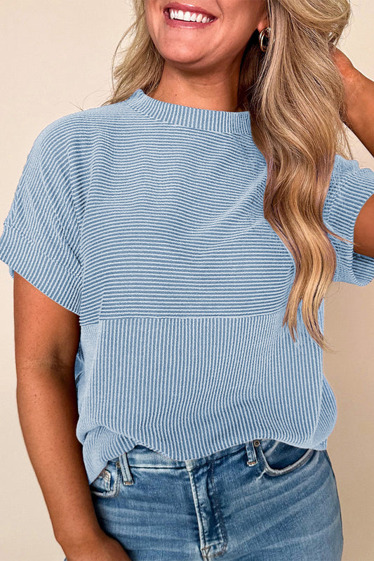 Blue Plain Corded Knit Mock Neck T Shirt