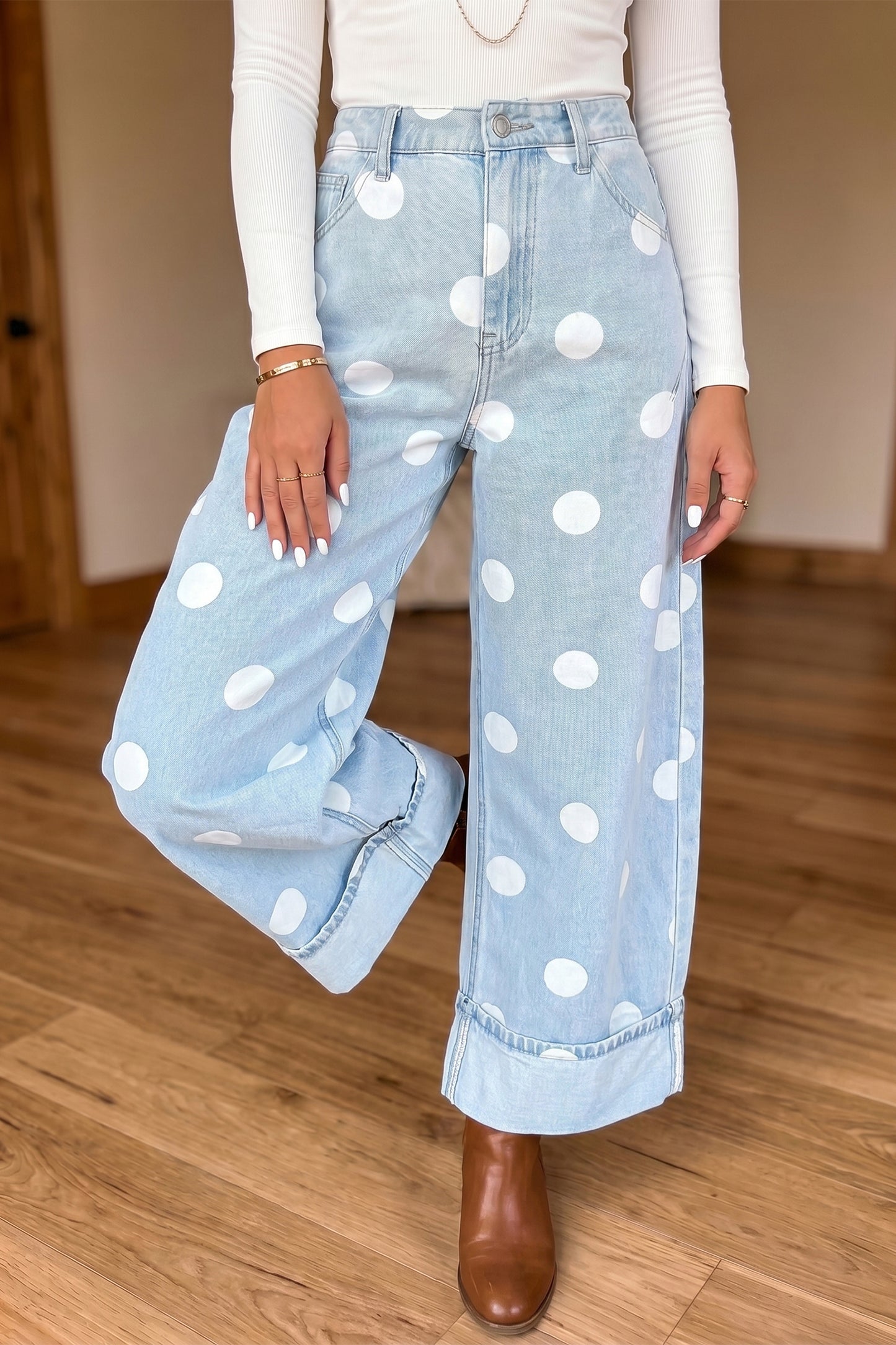 Sky Blue Polka Dot Ankle-Length Metal Button Casual Jeans - PREORDER