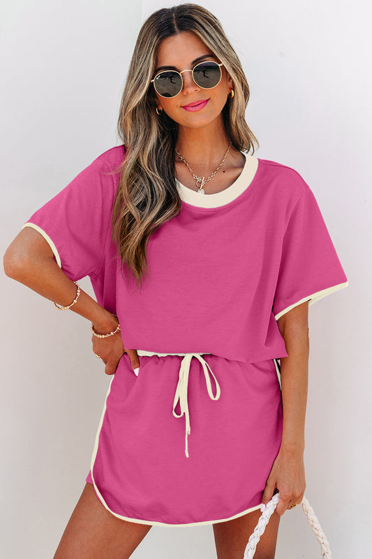 Rose Red Colorblock Edge Drop Shoulder T Shirt and Skort 2Pcs Set - PREORDER