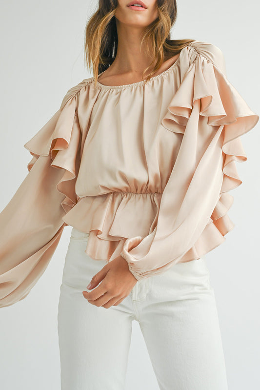 Oatmeal Lace-up Keyhole Back Ruffled Peplum Blouse - PREORDER
