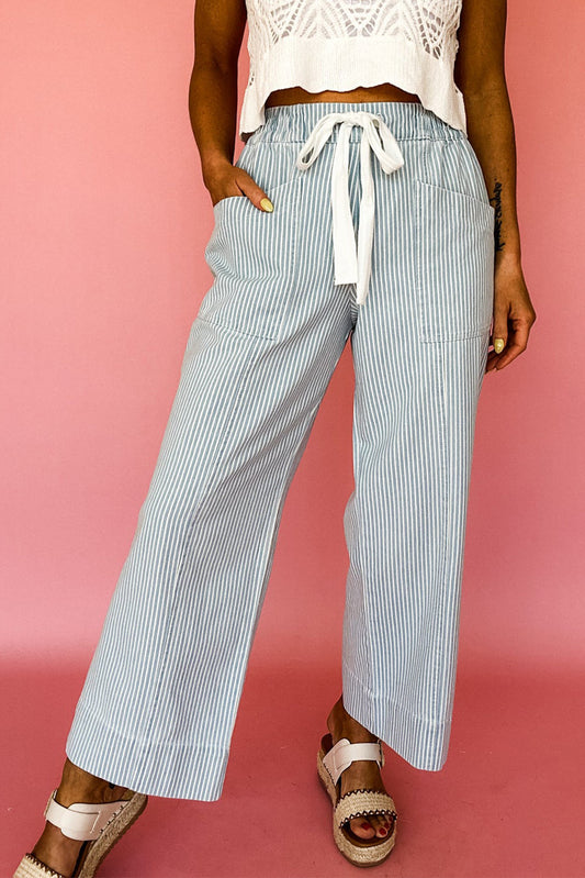 Sky Blue Stripe Mid Rise Drawstring Waist Jeans - PREORDER