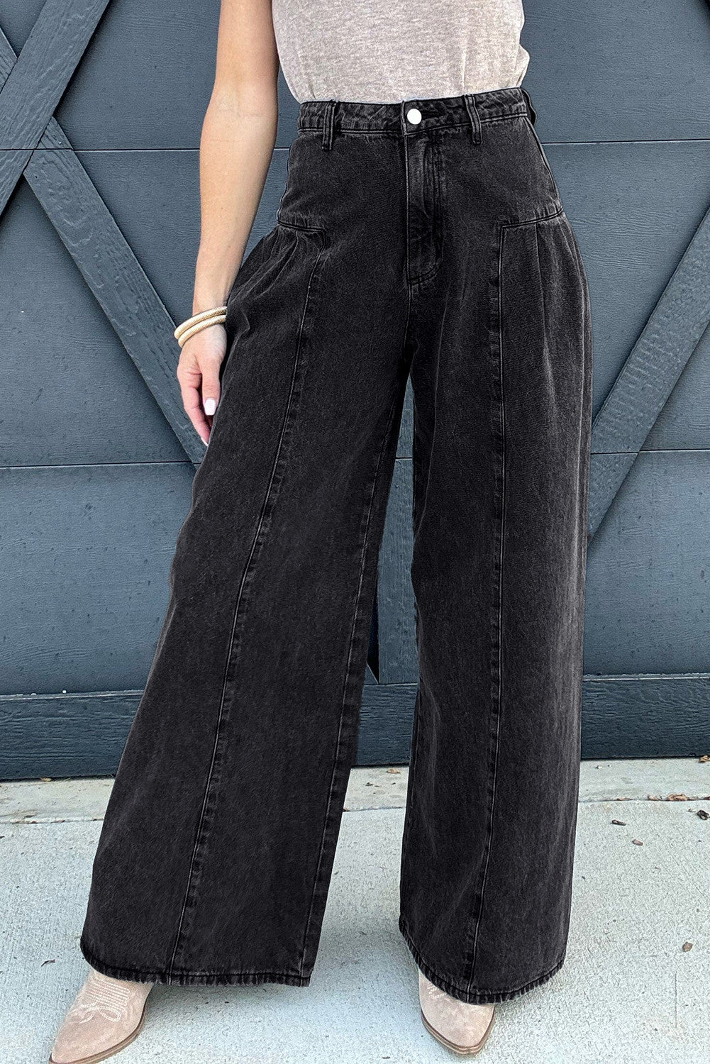 Dark Grey Pleated Wide Leg Mineral Wash Denim Pants - PREORDER
