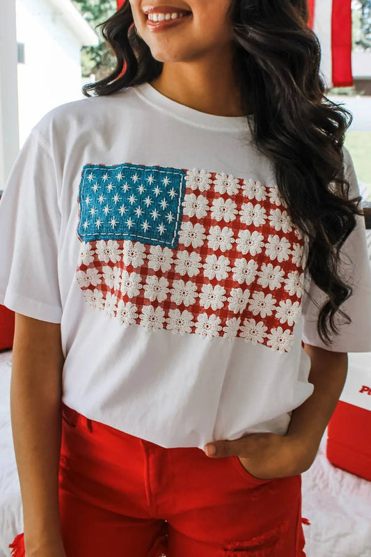 White Fancy Embroidered Patch Flag Casual T Shirt - PREORDER