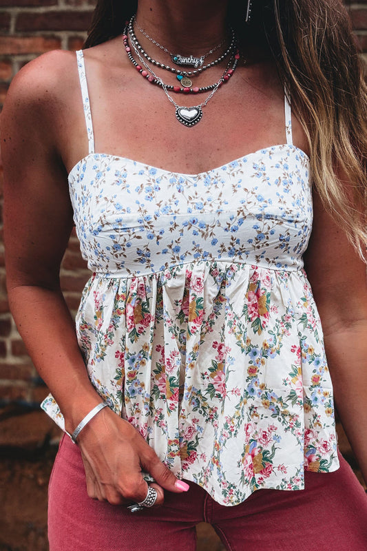 White Contrast Floral Printed Patchwork Spaghetti Straps Babydoll Top - PREORDER