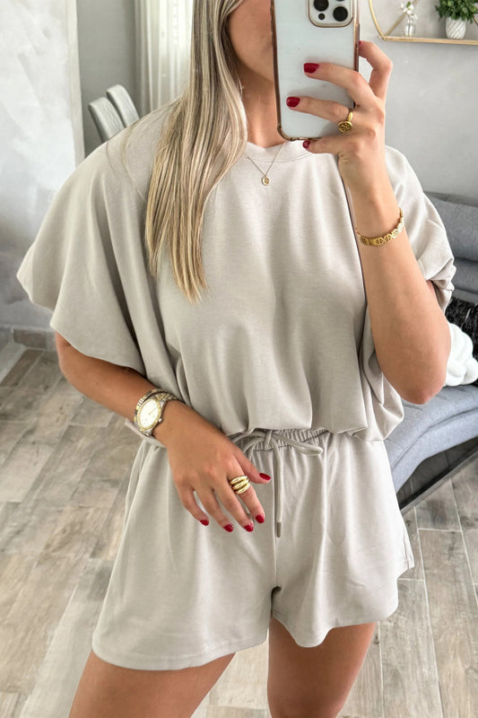 Smoke Gray Solid Color Puffy Loose Top Drawstring Shorts 2pcs Outfit - PREORDER