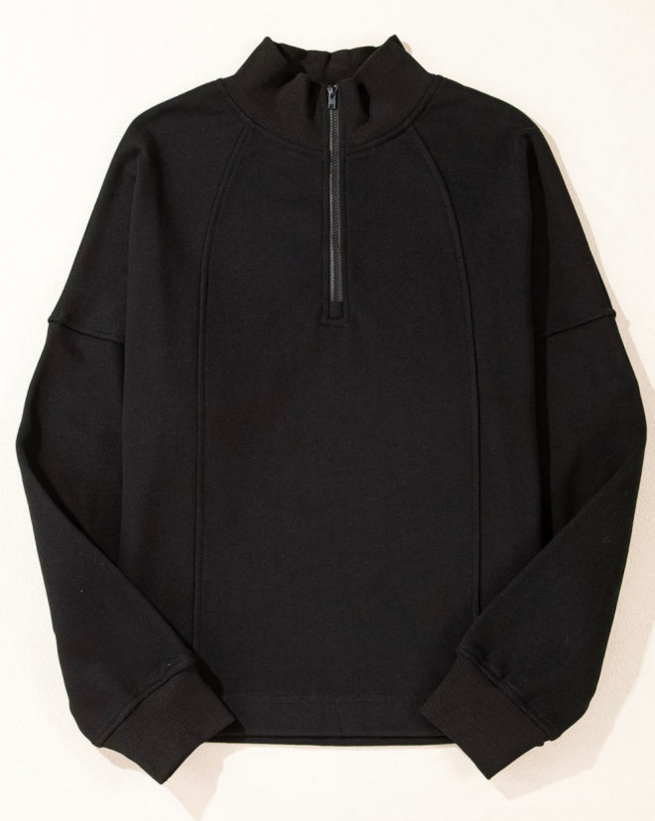Black Zipped Neck Pullover Drop Shoulder Sweatshirt - PREORDER