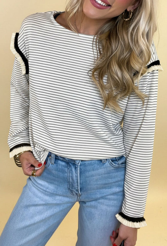White Stripe Contrasted Ruffle Trim Loose Long Sleeve Top - PREORDER