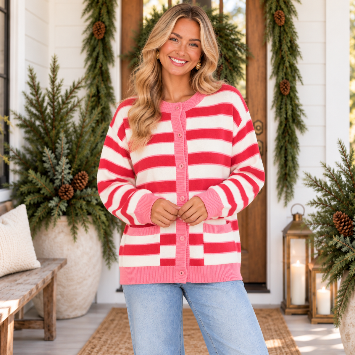Peppermint Pink Striped Cardigan - PREORDER