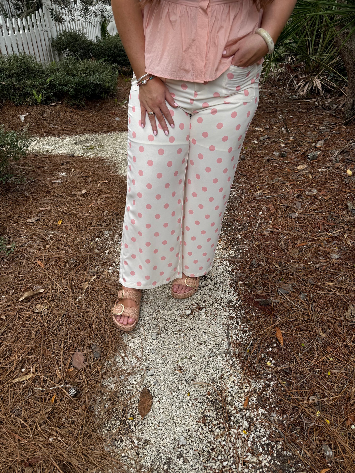 White Polka Dot Print Patched Pocket Loose Pants