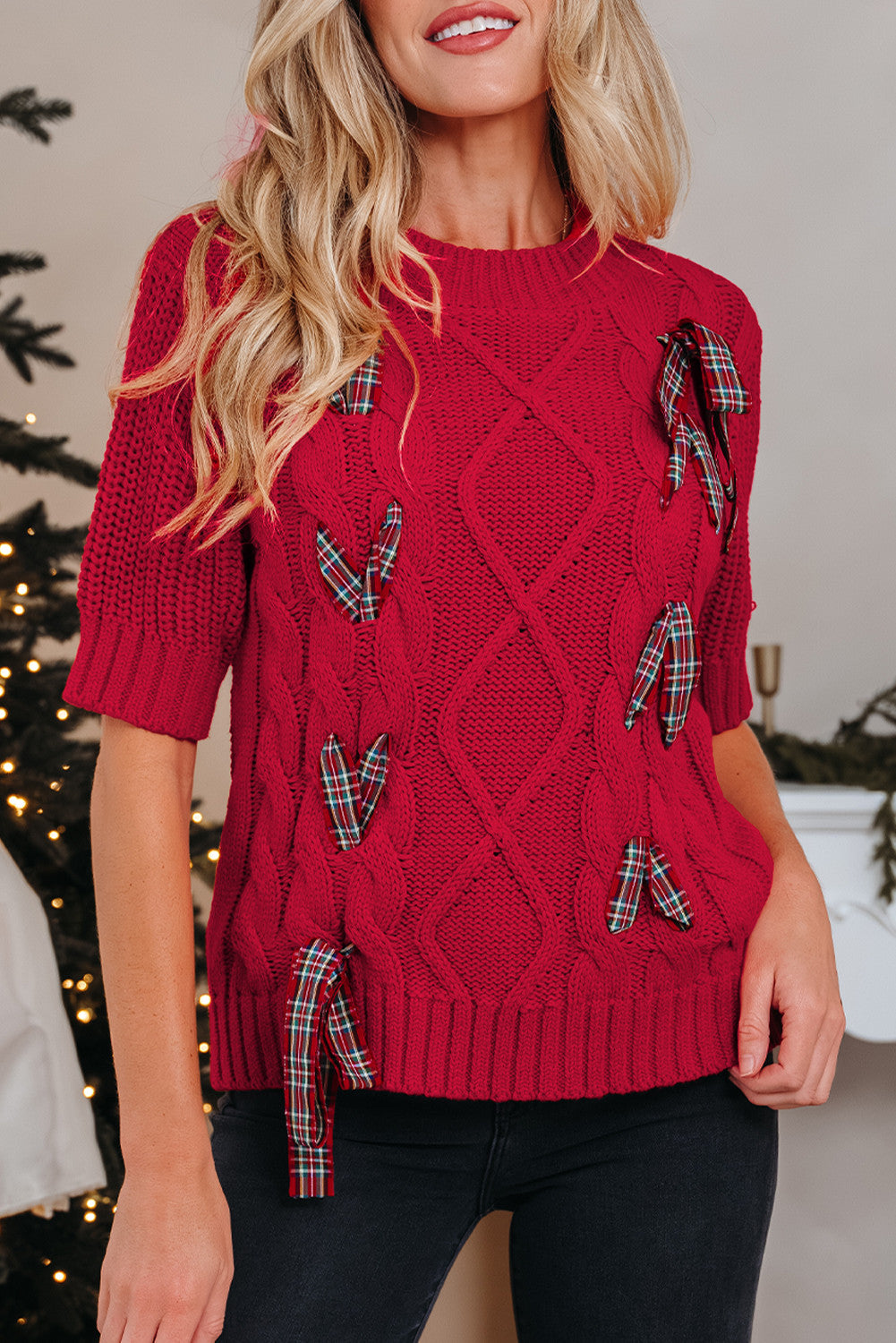 Red Plaid Lace up Detail Christmas Holiday Puff Short Sleeve Sweater