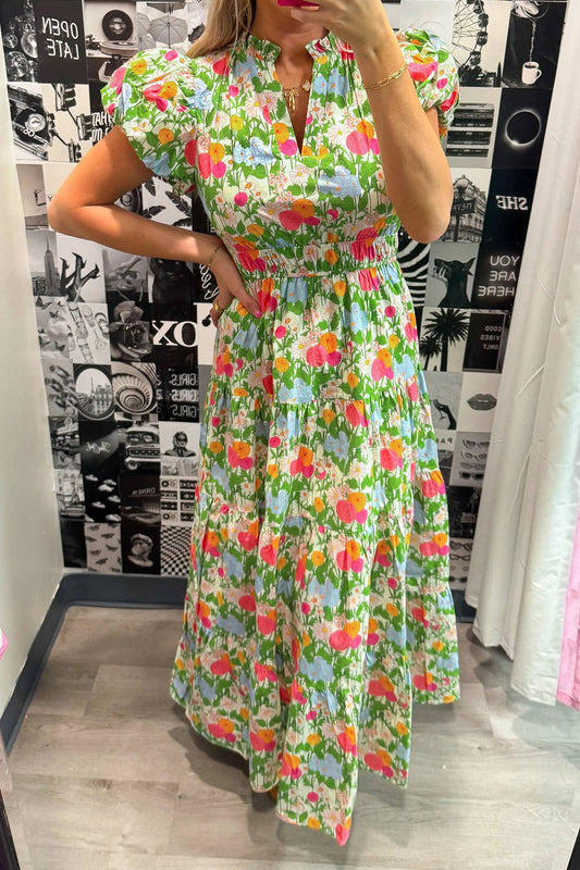 Green Floral Print V Neck Short Puff Sleeve Cotton Maxi Dress - PREORDER