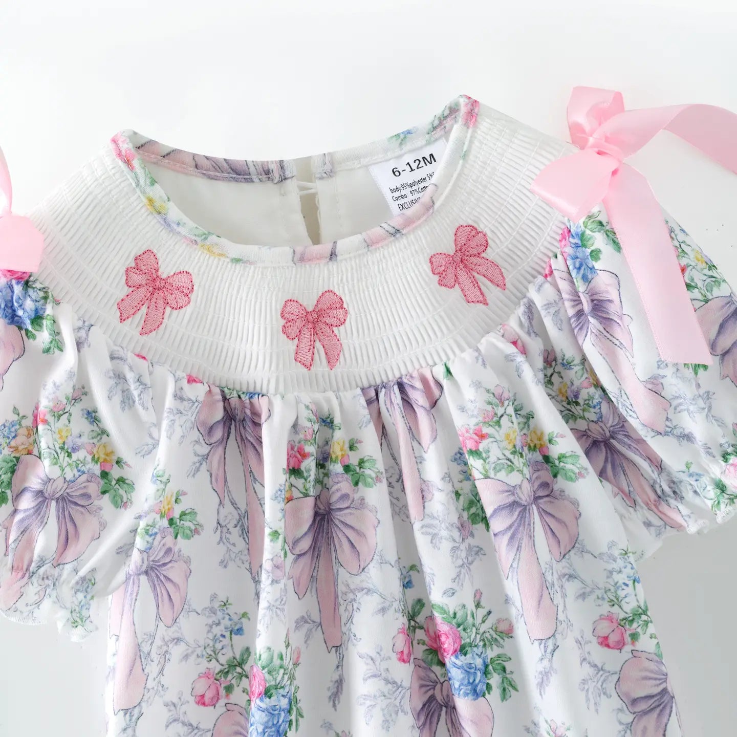 Spring Summer Pink Bow Floral Smock Embroidery Romper - PREORDER