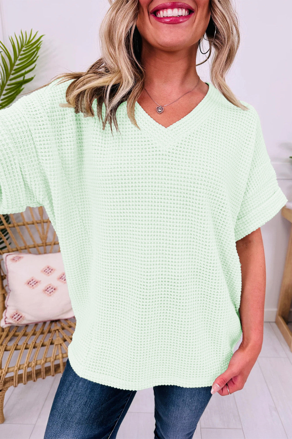 Lime Waffle V Neck Short Sleeve Knit Top - PREORDER