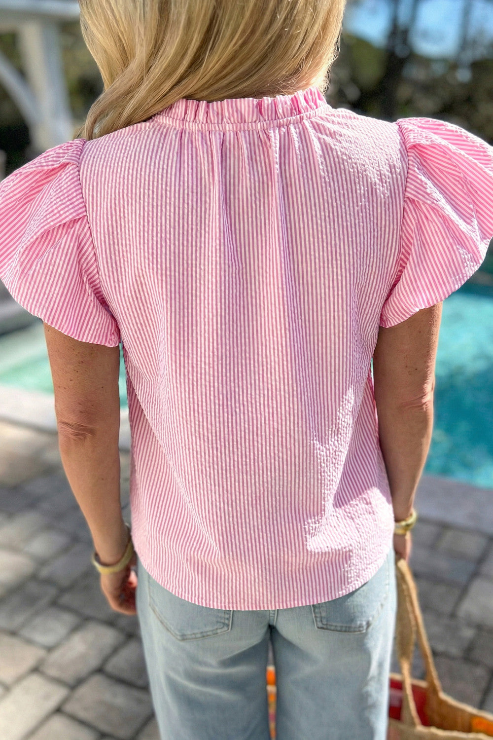 Rose Stripe Short Bubble Sleeve Split V Neck Blouse
