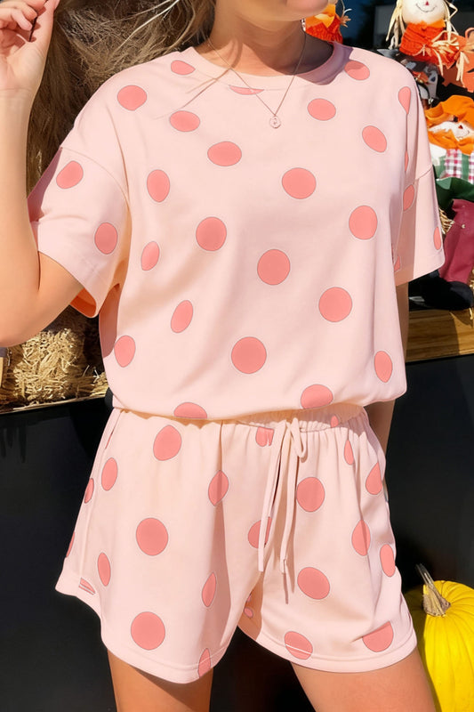 Pink Polka Dot Print Loose Tee Drawstring Elastic Waist Short Set - PREORDER