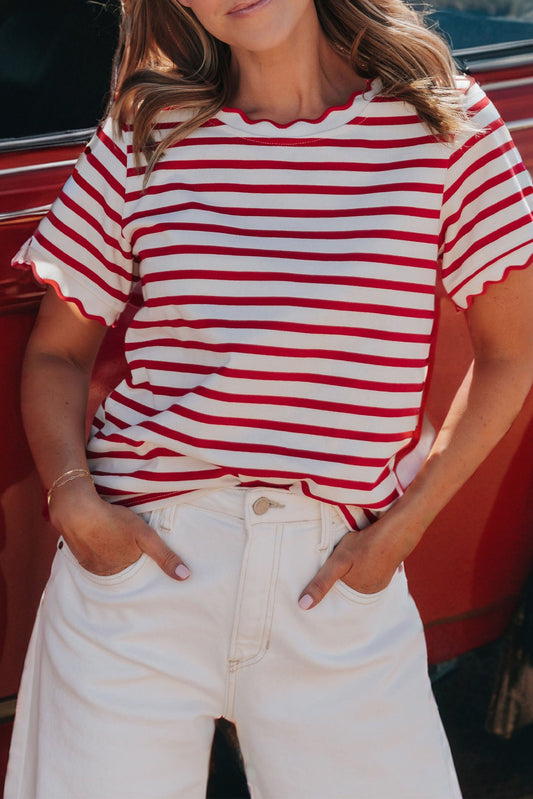 Red Stripe Scalloped Trim Round Neck T Shirt
