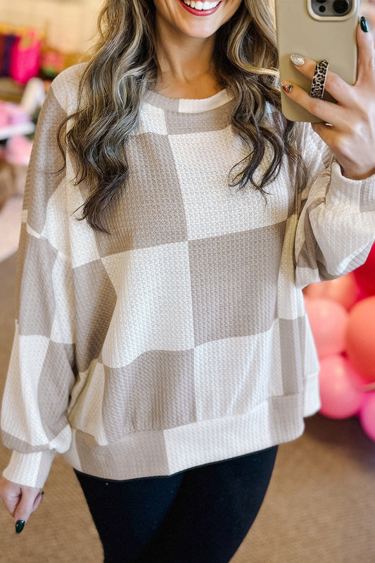 Khaki Checkered Print Breathable Textured Long Sleeve Top - PREORDER