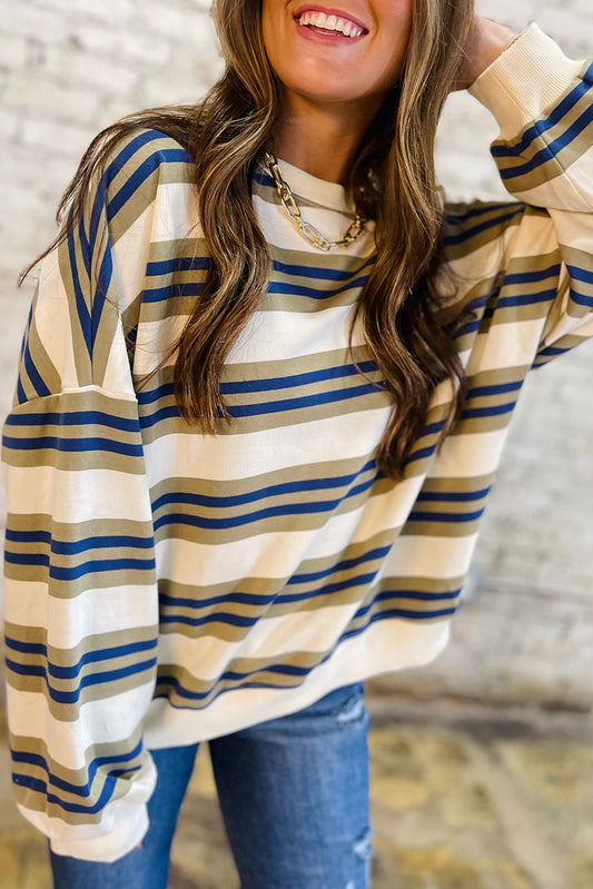 Khaki Stripe Crew Neck Drop Shoulder Pullover Sweatshirt - PREORDER