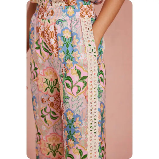 Garden Party Crochet Contrast Satin Pants