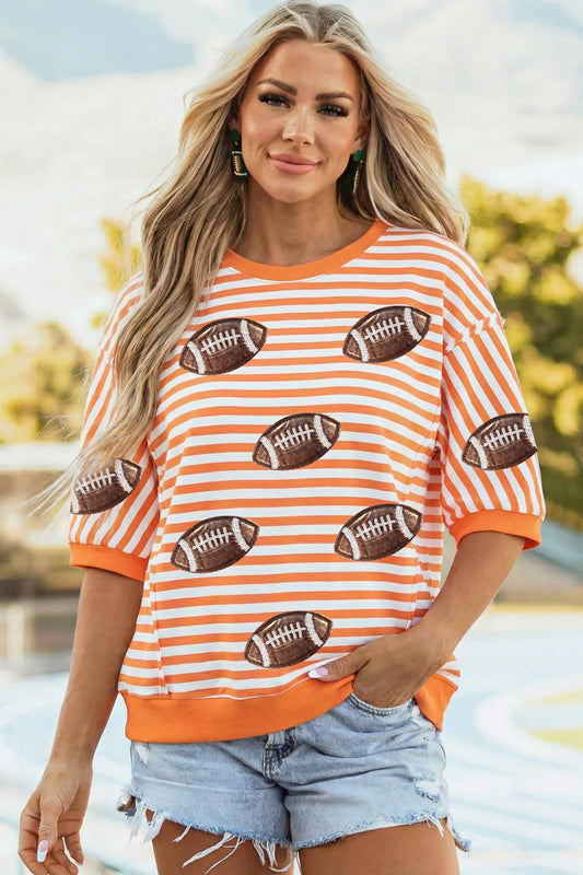 Orange Stripe Sequin Football Graphic Three Quarter Sleeve Top - PREORDER