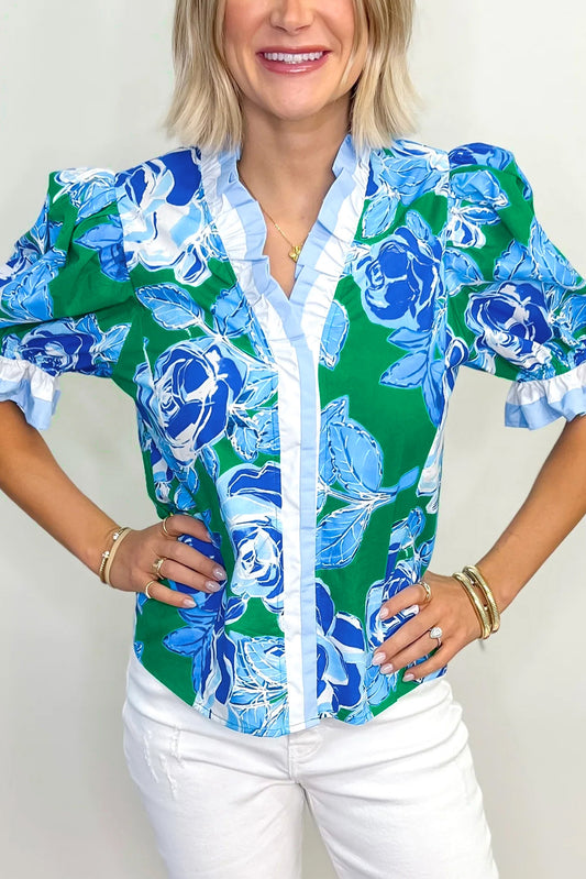 Bright Green Floral Frilled V Neck Short Sleeve Blouse Top - PREORDER
