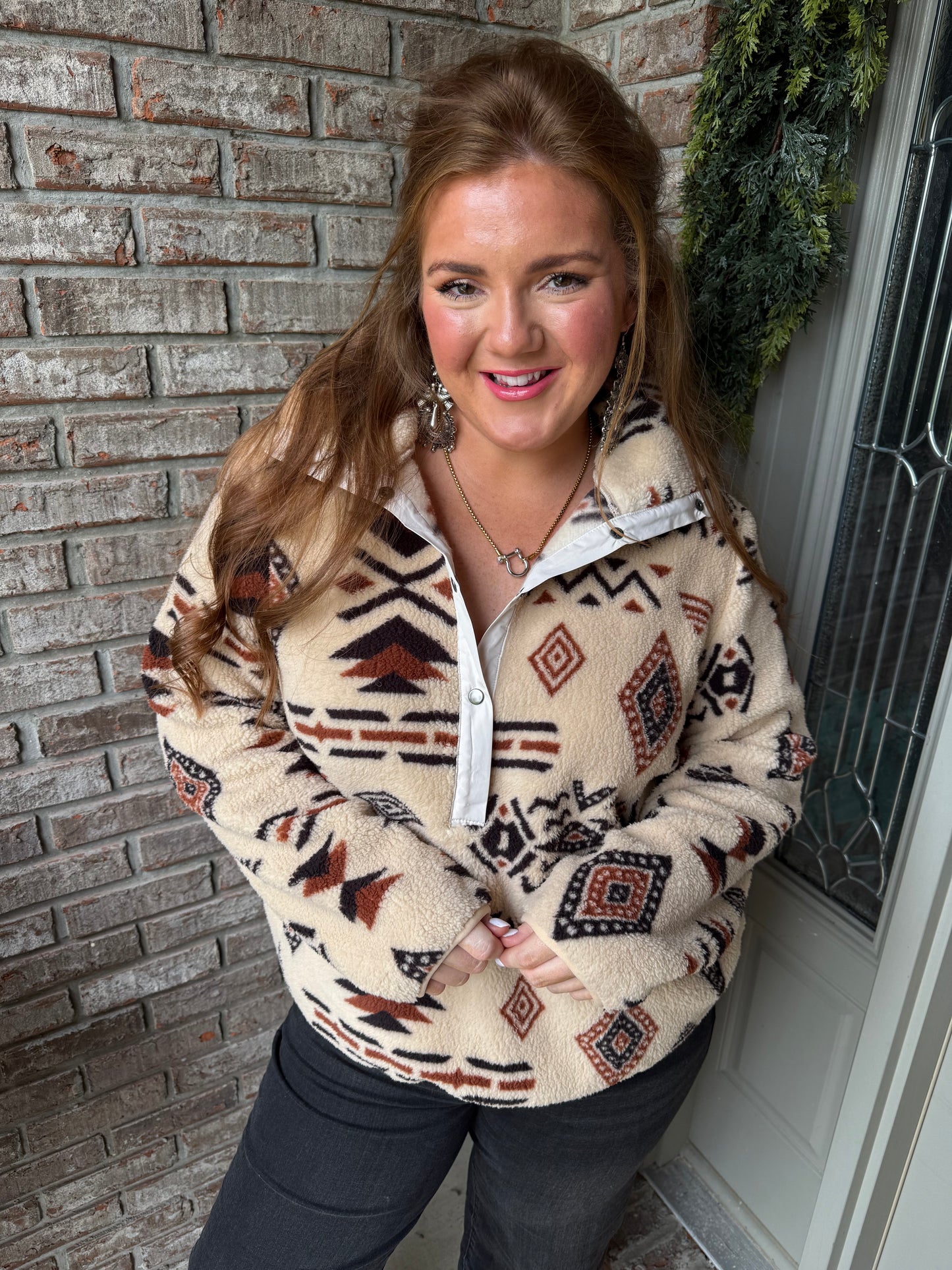 Beige Western Aztec Half Zip Plush Sweatshirt - PREORDER