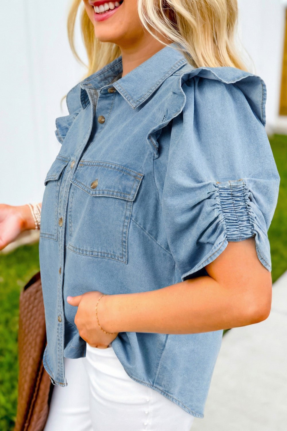 Myosotis Ruffle Detail Short Puff Sleeve Button Down Flap Pocket Denim Shirt - PREORDER