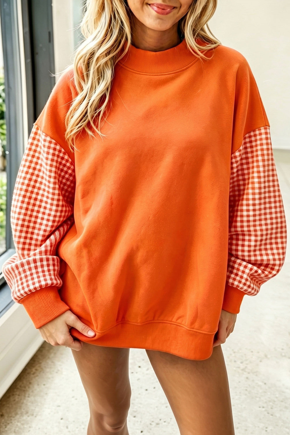 Russet Orange Plaid Sleeve Colorblock Loose Tunic Sweatshirt - PREORDER