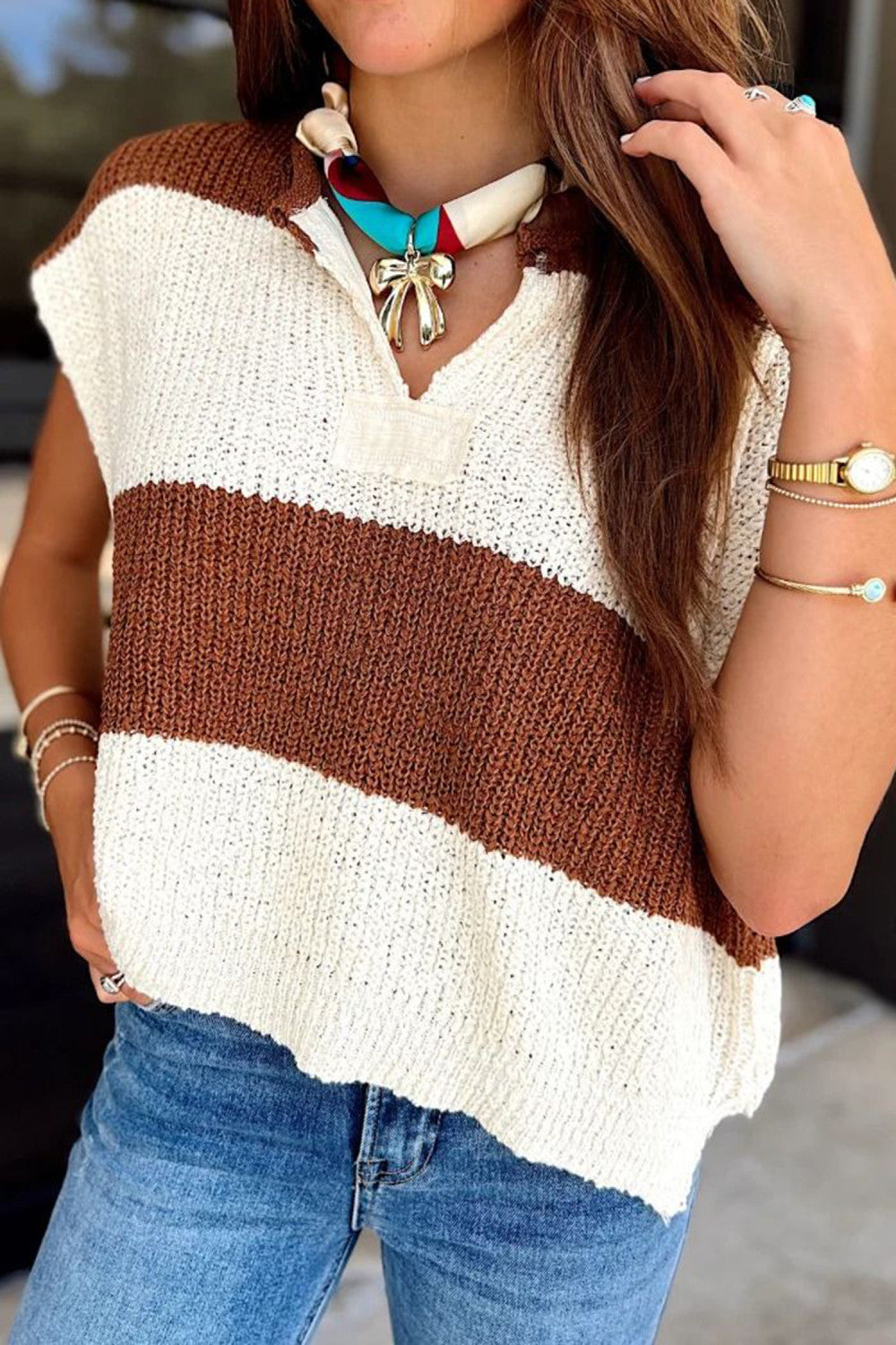 Brown Stripe Striped Colorblock Knit V Neck Short Sleeve Loose Sweater - PREORDER