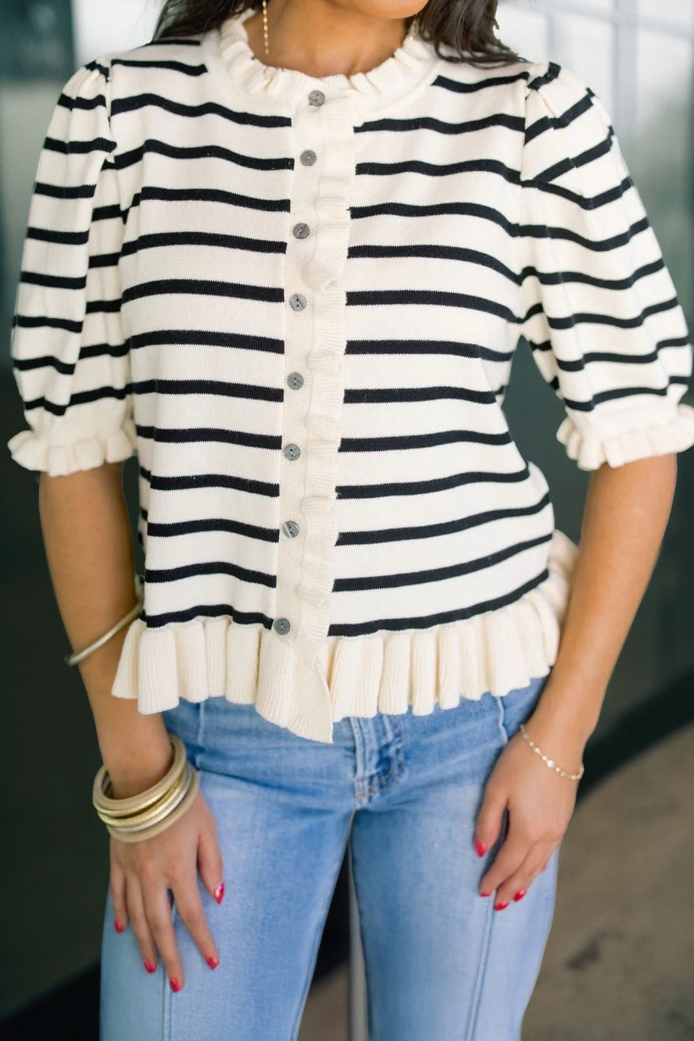 Beige Stripe Ruffle Trim Button Down Knit Short Sleeve Sweater Cardigan - PREORDER