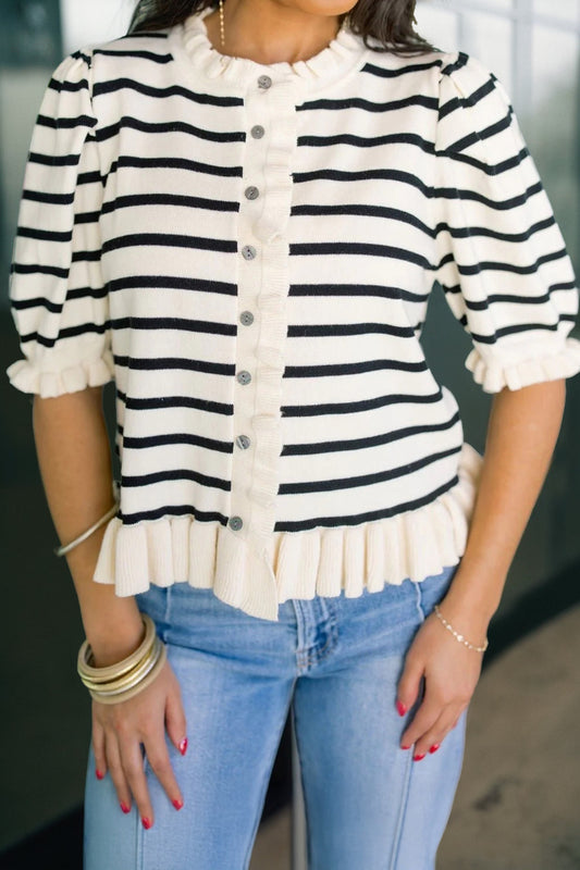Beige Stripe Ruffle Trim Button Down Knit Short Sleeve Sweater Cardigan - PREORDER