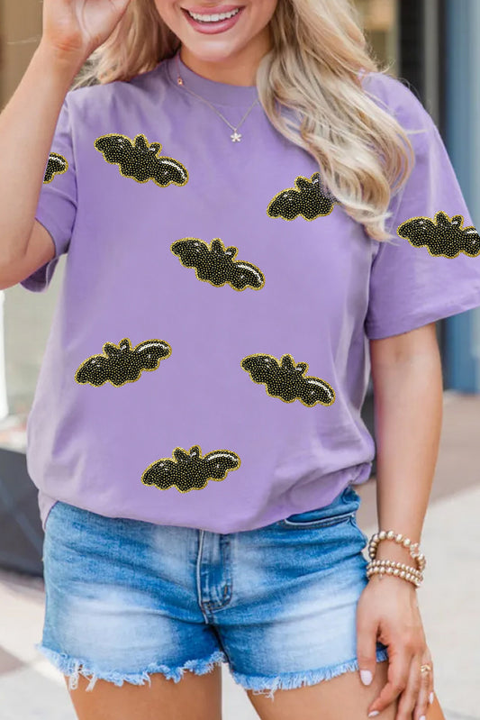 Purple Sequin Halloween Bat Patched Casual T Shirt - PREORDER