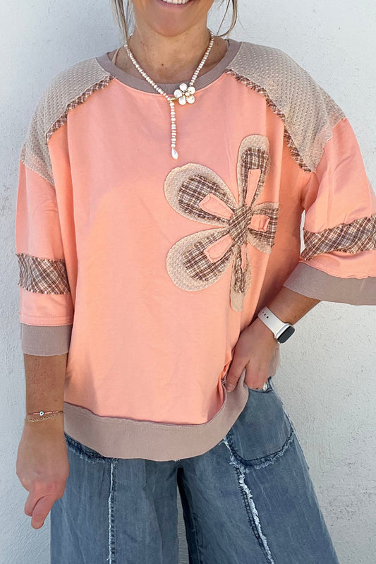Grapefruit Orange Plaid Waffle Flower Patchwork Bracelet Sleeve Top