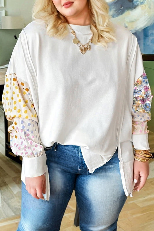 White Plus Size Exposed Seam Detail Contrast Dot Floral Patchwork Sleeve Sweatshirt - PREORDER