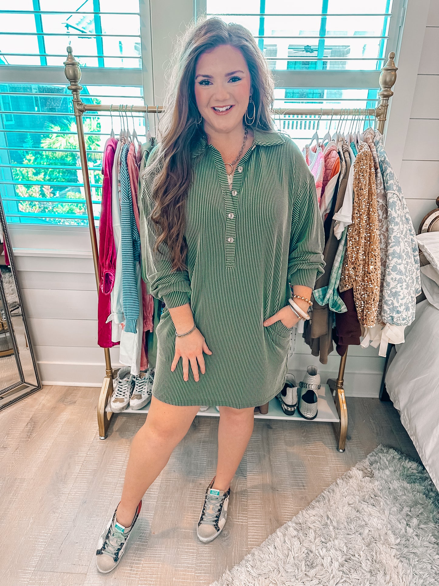 Moss Green Corded Shift Dress PREORDER