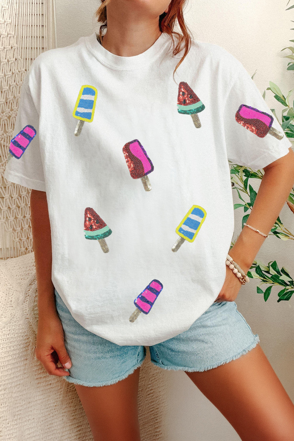 White Sequin Popsicle Graphic Casual T Shirt - PREORDER