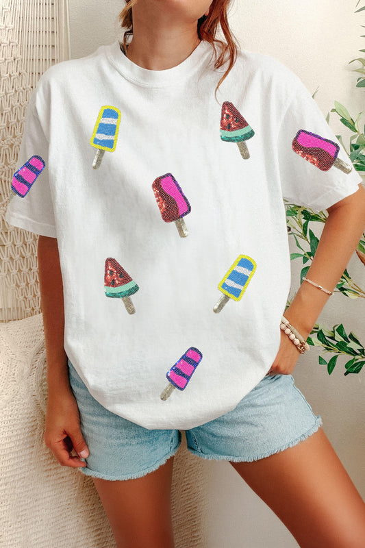 White Sequin Popsicle Graphic Casual T Shirt - PREORDER