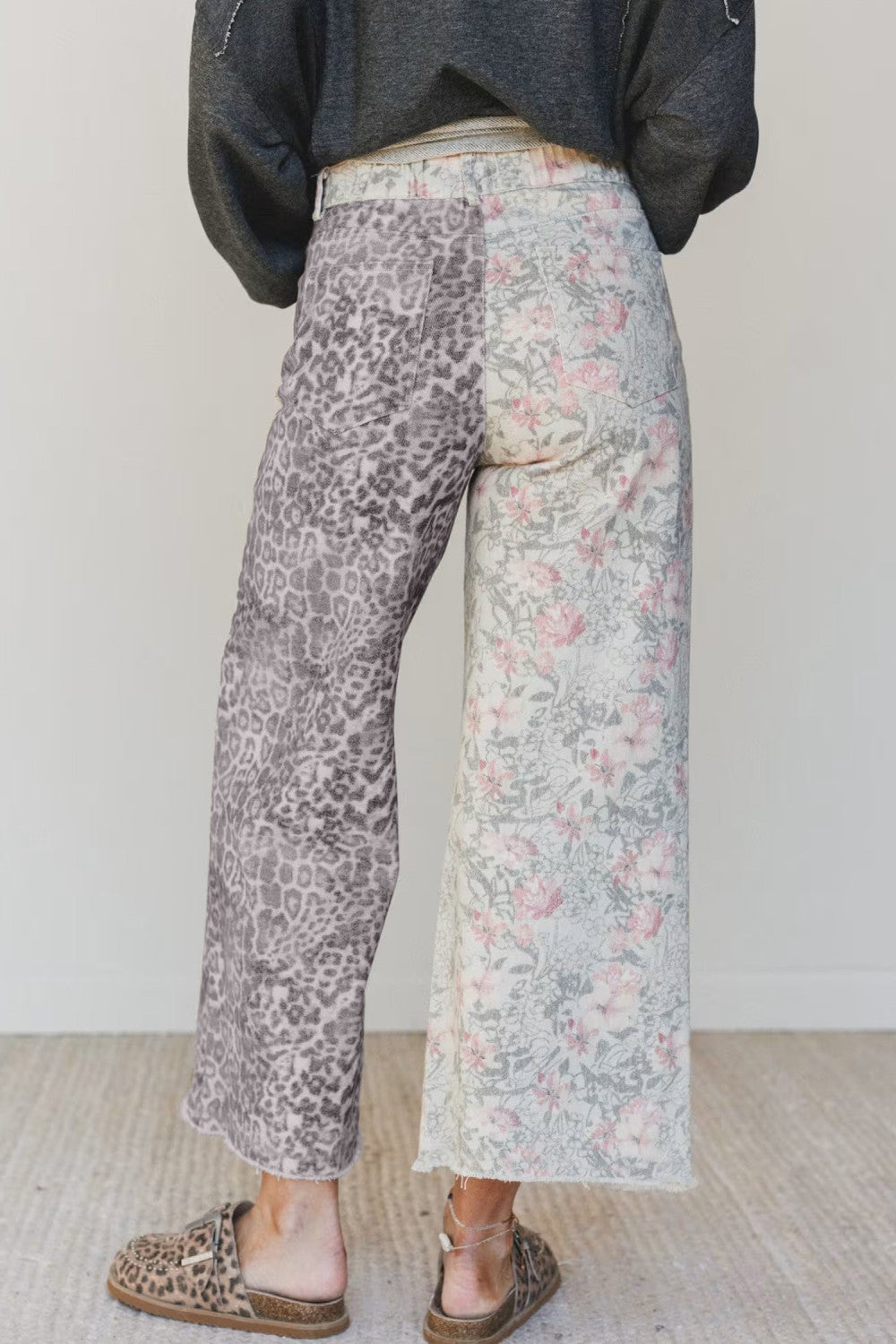 Multicolour Retro Floral Leopard Contrast Patchwork Raw Hem Jeans - PREORDER