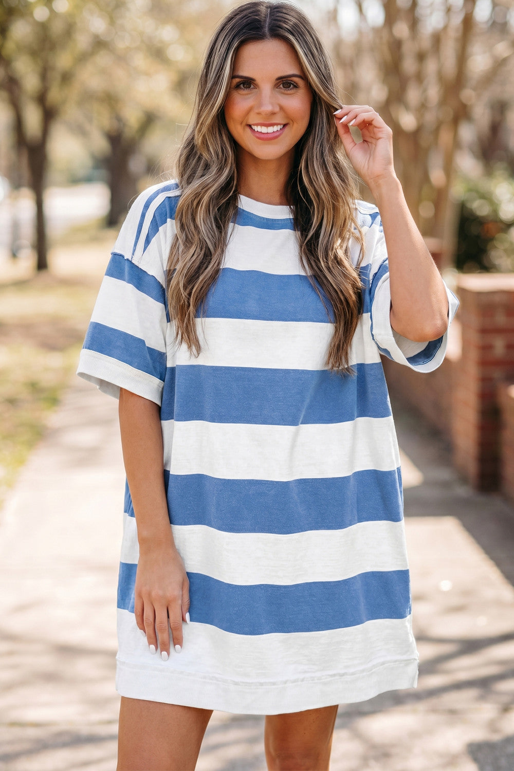 Blue Stripe Raw Seam Shoulder Detail Casual Tee Dress - PREORDER