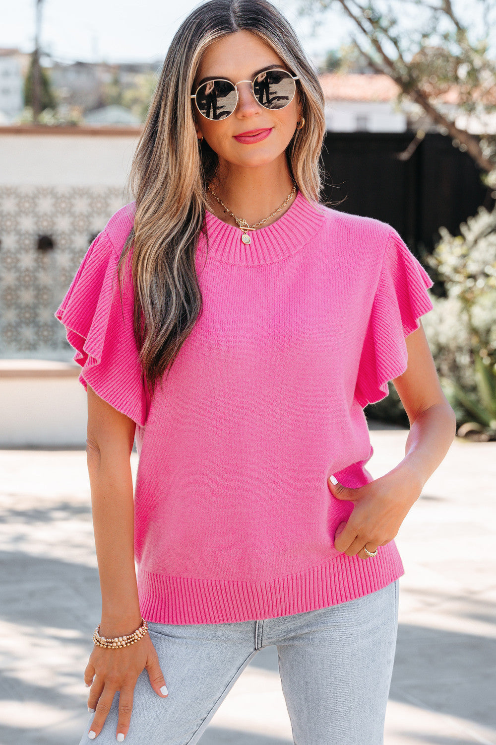 Sachet Pink Solid Color Ribbed Trim Round Neck Ruffle Short Sleeve Sweater - PREORDER