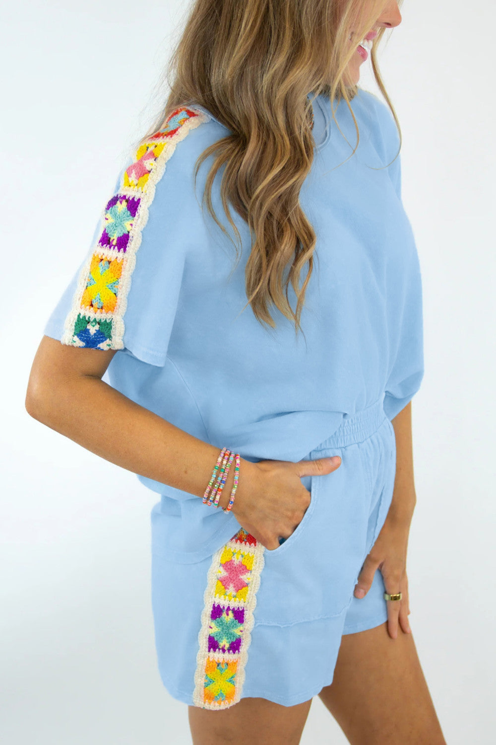 Mist Blue Granny Square Crochet Detail Short 2pcs Set - PREORDER