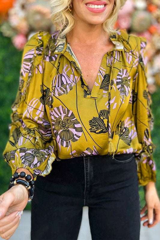 Vintage Floral V Neck Ruffle Trim Long Sleeve Blouse - PREORDER