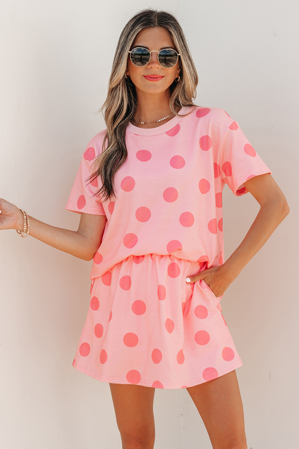 Pink Polka Dot Short Sleeve Top Casual Skort 2pcs Outfit - PREORDER