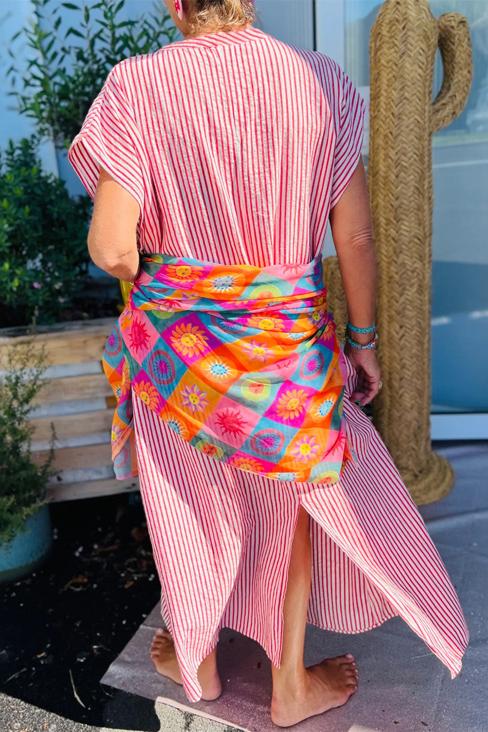 Red Stripe Frilled Detail Half Buttons Short Sleeve Long Dress - PREORDER