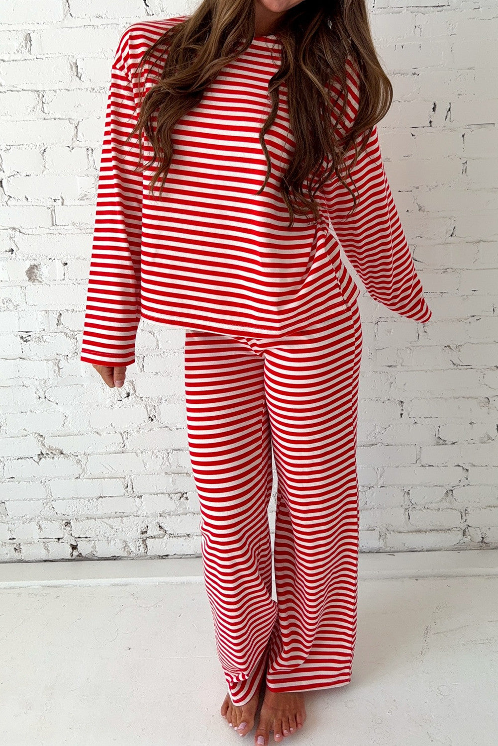 Red Stripe Drop Shoulder Long Sleeve Top Lounge Pants 2pcs Set - PREORDER