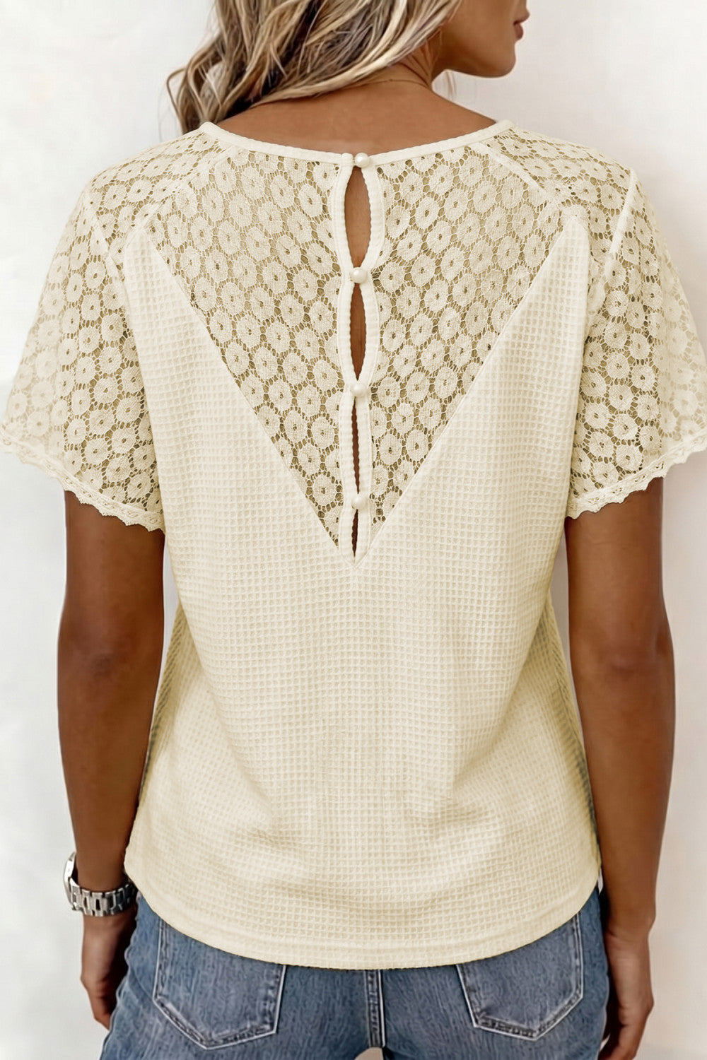 Beige Lace Splicing Button Cutout V Neck Waffle Knit Blouse - PREORDER