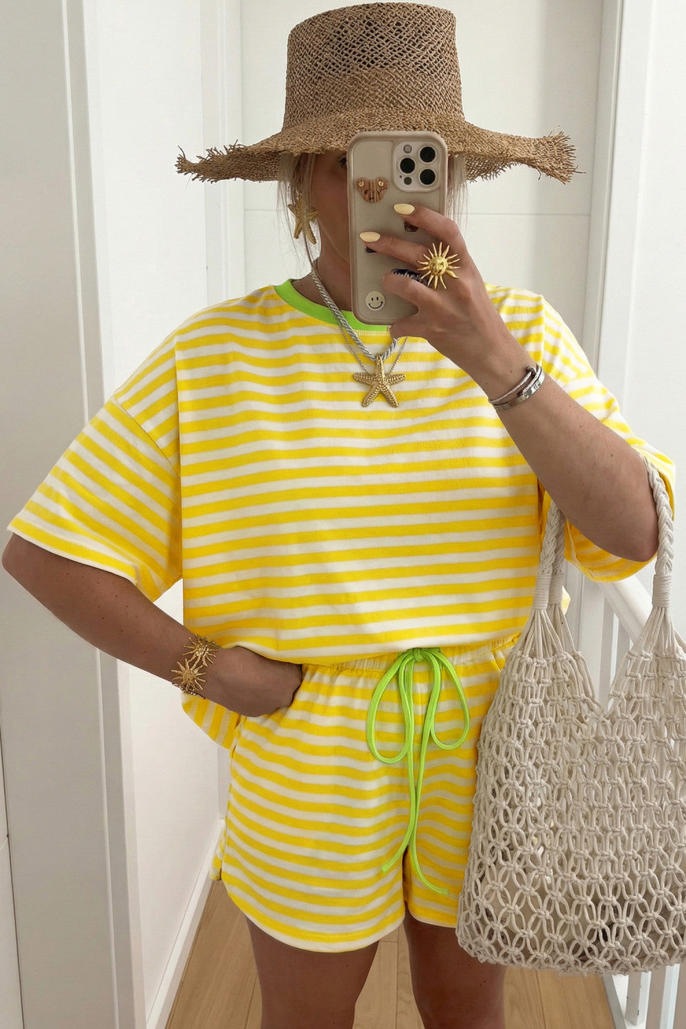 Yellow Stripe Contrast Neck Loose Tee and Drawstring Shorts Set - PREORDER