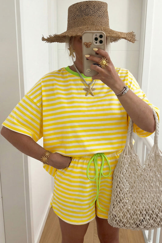 Yellow Stripe Contrast Neck Loose Tee and Drawstring Shorts Set - PREORDER